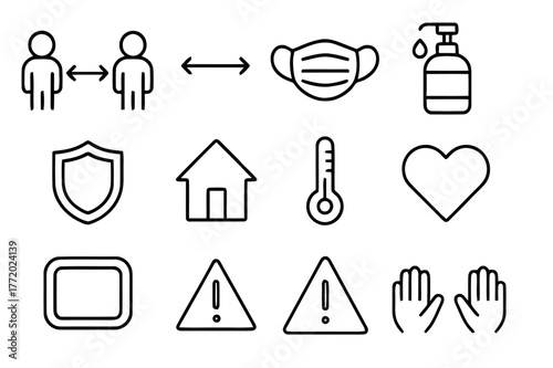 Social Distancing Icons. Social distance. Line icon set of social distance: two people, arrow between, floor marker, face mask, sanitizer, protective shield,