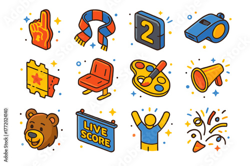 Sports Fan Icons. Sports event fan tags. Colorful isometric vector icons set of Sports event fan tags: foam finger, team scarf, scoreboard tile, whistle,