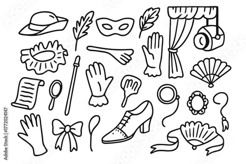 Doodle Theater Costume Icons. Old theater costume. Hand-drawn doodle illustration Old theater costume hat, mask, glove, cane, ruffled collar, shoe, ribbon,
