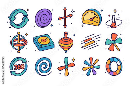 Colorful Motion Icons. spinning motion symbols. Colorful isometric vector icons set of spinning motion symbols: circular arrows, swirl icon, rotation axis,