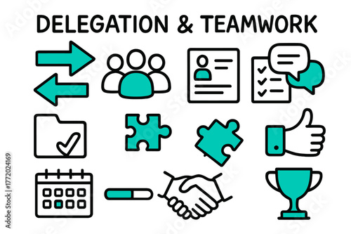 Teamwork Illustrated Icons. // Delegation & teamwork. Hand-drawn doodle illustration Delegation & teamwork [handoff arrows (accented), group avatars