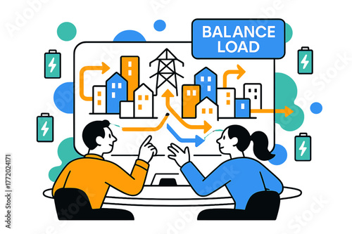 Smart Grid Animation. Smart Grid Control. Operators watch simplified city blocks glow as power flows animate in arrows; ?Balance Load? pulses on a floating