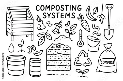 Composting Essentials. Composting systems. Hand-drawn doodle illustration Composting systems compost bin, food scraps, leaves, pitchfork, worms, bucket,