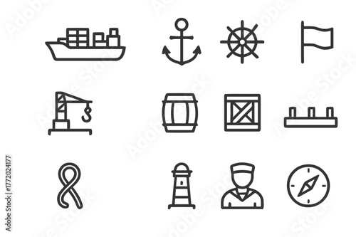 Merchant Ship Icons. Merchant ships and ports. Line icon set of merchant ships: cargo ship, anchor, helm, flag, crane, barrel, crate, dock, rope, lighthouse,