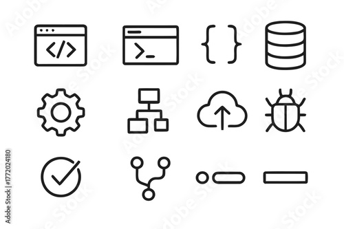Software Dev Icon Set. Software Development. Line icon set of Software Development: code editor, terminal window, brackets, database icon, gear, flowchart,