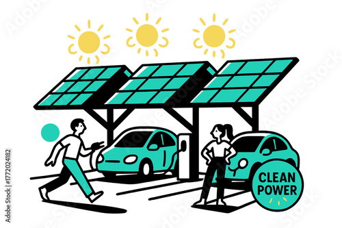 Solar Canopy Innovation. Green infrastructure ? Solar canopies over parking. Sun icons pulse above angled panels; drivers plug in while long shadows stripe the