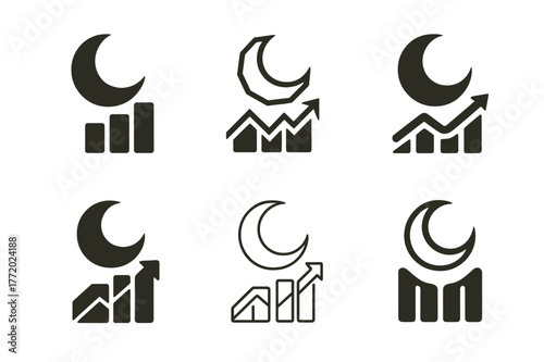 Crescent Moon Logos. Sleep and recovery. Set Logo of Sleep and recovery: crescent moon over recovery graph. harmonious logo variations of the same emblematic