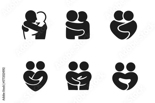 Harmony in Love Logos. Love and affection. Set Logo of Love and affection: Hug. harmonious logo variations of the same emblematic concept, each with different