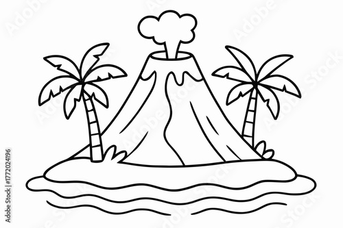 Island Volcano Coloring Page. Island volcano children?s coloring book illustration, outlined drawing, a peaceful cone-shaped volcano on a tiny island with palm