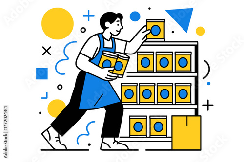 Modern Restock Artistry. Restocking Supplies. Store employee organizing canned goods on shelves with floating abstract geometric shapes, clean and efficient