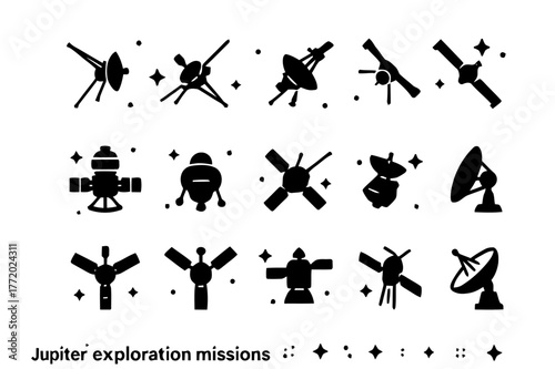 Jupiter Exploration Icons. Jupiter exploration missions. Solid icons set of Jupiter exploration missions: Pioneer , Pioneer , Voyager , Voyager , Galileo