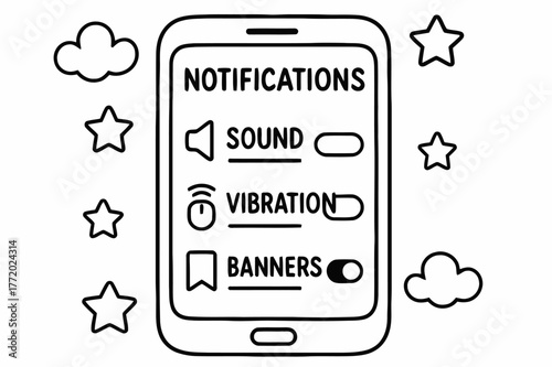 Phone Notification Coloring Page. Notification settings panel children?s coloring book illustration, outlined drawing, a phone screen with sliders and toggle