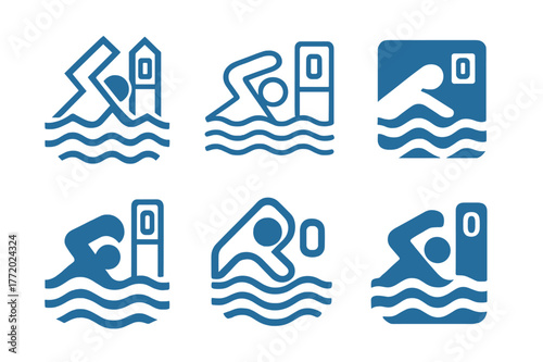 Swim Tracker Logos. Swim tracking. Set Logo of Swim tracking: swimmer lane icon with lap counter. harmonious logo variations of the same emblematic concept,