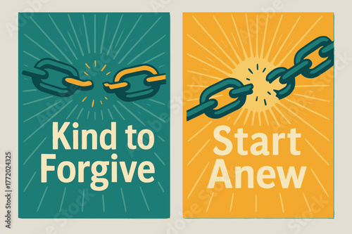 Kind to Forgive. Forgiveness. Two vertical A6 banners with safe margins, centered composition, no elements touching edges, modern, teal and marigold, broken