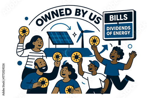 Community Energy Co-op. Community energy co-ops. Neighbors hold shares shaped like tiny suns; ?Owned by us? banner arcs over a microgrid. A scoreboard flips