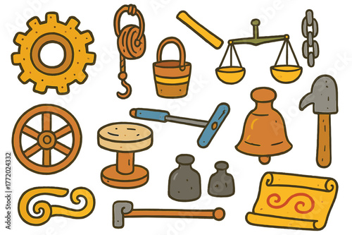 Colorful Early Machines Illustration. Early machines. Colorful Hand-drawn doodle Children illustration Early machines bronze gear, pulley, lever, balance