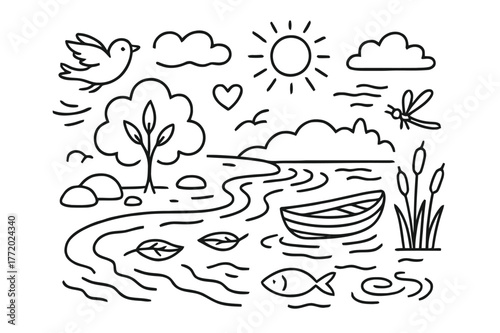 Serene River Doodles. River calmness. Hand-drawn doodle illustration river calmness flowing water, rocks, tree, leaf, fish, boat, reeds, dragonfly, bird,