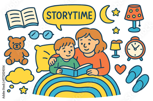 Storytime Doodle Delight. Storytime moments. Colorful Hand-drawn doodle Children illustration Storytime moments open book, glasses, moon, stars, blanket,