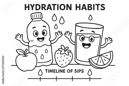 Hydration Celebration for Kids. Hydration habits children?s coloring book illustration, outlined drawing, a happy water bottle and glass cheering beside fruits