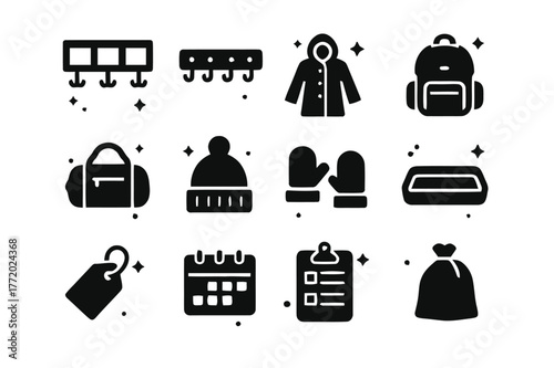 Mudroom Icons Grid. Mudroom storage with hooks. Solid icons set of Mudroom storage with hooks: cubby shelf, hook strip, raincoat, school backpack, sports bag,