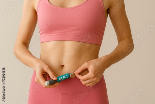 A young Hispanic woman in a pink sports bra prepares to administer GLP-1 treatment with a pen injector on her abdomen. The background is neutral and minimalistic.