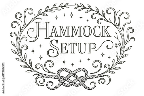 Ornamental Flourish Design. Hammock Setup ? Flourish Lettering; classic ornamental serif with medium swashes and gentle curls; circular crest composition with