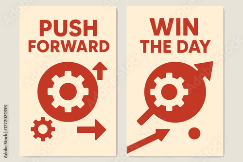 Push Forward Banners. Push forward. Two vertical A6 banners with safe margins, centered composition, no elements touching edges, flat vector design, red and