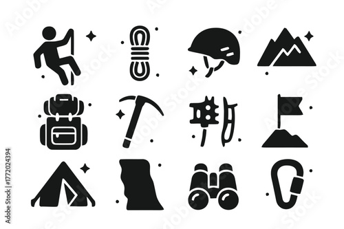 Climbing Expedition Icons. Climbing Expedition. Solid icons set of Climbing Expedition: climber, rope, helmet, mountain, backpack, ice axe, crampons, flag,