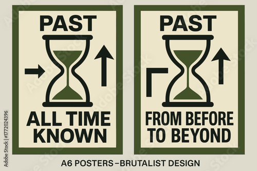 Past and Future Banners. Past & Future. Two vertical A6 banners with safe margins, centered composition, no elements touching edges, brutalist, olive green and