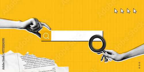 Trendy Halftone Collage Hand with magnifying glass and search bar. Hire online. Seo marketing concept. Find information in internet browser. Contemporary vector illustration art