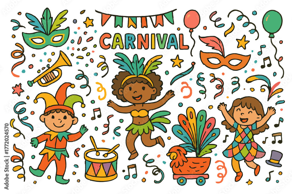 Obraz premium Colorful Carnival Doodles. Carnival celebration. Colorful Hand-drawn doodle Children illustration Carnival celebration masks, feathers, trumpets, costumes,