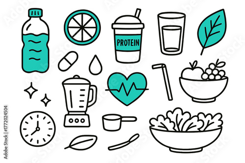 Hydration and Nutrition Doodles. Hydration and nutrition. Hand-drawn doodle illustration hydration and nutrition [water bottle (accented), lemon