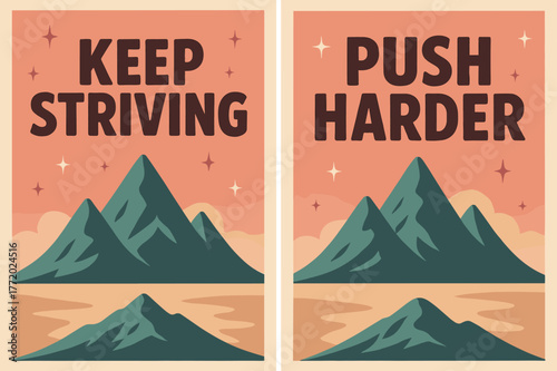 Retro Motivation Banners. Keep striving. Two vertical A6 banners with safe margins, centered composition, no elements touching edges, retro, pink and teal,
