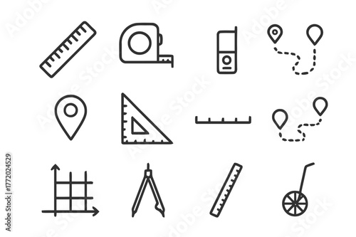 Distance Measurement Icons. Distance measurement. Line icon set of measuring distance: ruler, tape measure, laser meter, gps signal, map pin,
