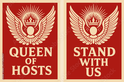 Heavenly Banners Design. Heavenly Host. Two vertical A6 banners with safe margins, centered composition, no elements touching edges, bold, red and beige,