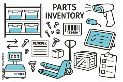 Inventory Doodle Illustration. // Parts inventory. Hand-drawn doodle illustration Parts inventory [shelving rack, labeled bins (accented), small fasteners,