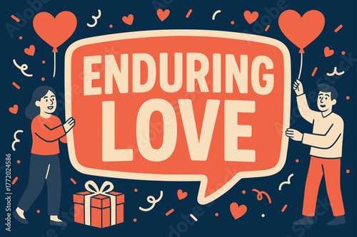 Enduring Love Celebration. Enduring Love banner, flat vector illustration, bold oversized text inside sticker outline banner, cartoon characters standing and