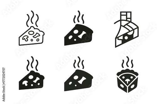 Creative Quiche Logos. Cooking a savory quiche with vegetables and cheese. Set Logo of Cooking a savory quiche with vegetables and cheese: sliced quiche with