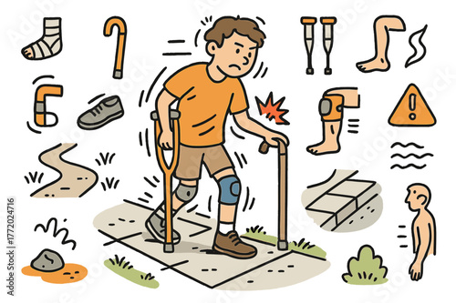 Careful Walking Journey. Careful step. Hand-drawn doodle illustration person walking (colored), uneven stride (colored), crutch (colored), cane (colored),