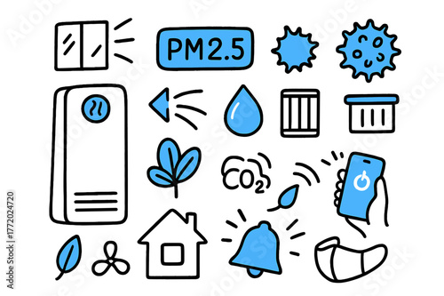 Smart Air Quality Icons. // Smart air quality & purification. Hand-drawn doodle illustration smart air quality & purification [air purifier tower (accented),