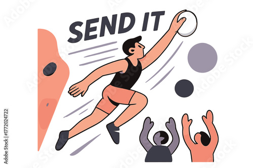 Dynamic Climbing Action. Dyno to the Jug. Knees load, hands launch, the climber flies between holds; ?SEND IT? arcs with motion streaks. Spotters below glow as