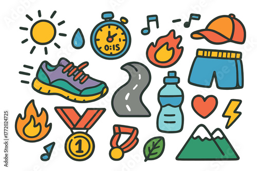 Vibrant Running Doodle. Running. Colorful Hand-drawn doodle Children illustration Running sneakers, stopwatch, road, water bottle, cap, shorts, music note,