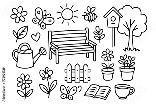 Garden Serenity Doodles. Garden serenity. Hand-drawn doodle illustration garden serenity flower, leaf, watering can, butterfly, bee, sun, bench, potted plant,