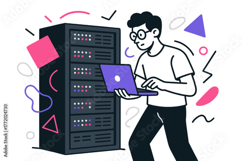 Futuristic Server Monitoring. Server Rack. IT specialist monitoring server rack with floating abstract geometric shapes and glowing LED indicators, focused and