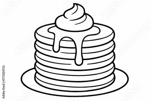 Pancake Coloring Page. Pancake stack with cream children?s coloring book illustration, outlined drawing, a tower of soft pancakes with a dollop of whipped