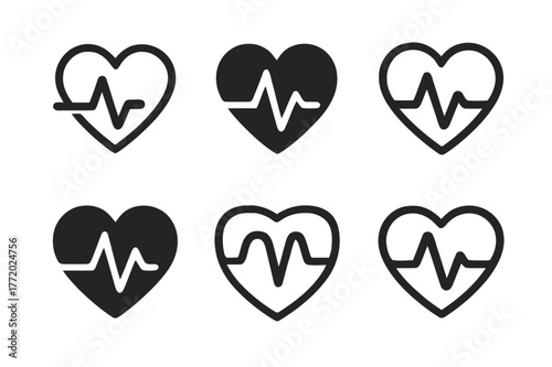 Heart Rate Logo Grid. Health and Fitness Challenges. Set Logo of Heart Rate Monitor: Minimal outline, Negative space, Flat solid, Symmetrical form, Stylized