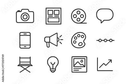 Visual Marketing Icons. Visual storytelling in marketing through images and videos. Line icon set of visual storytelling: camera, storyboard, film reel, speech