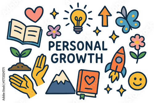 Personal Growth Doodles. Personal growth. Colorful Hand-drawn doodle Children illustration Personal growth plant sprout, book, light bulb, mountain, heart,