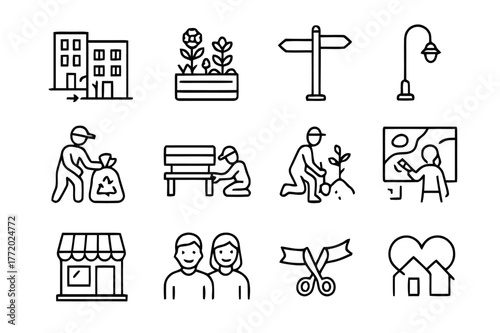 Community Revitalization Icons. Neighborhood Revitalization. Line icon set of Neighborhood Revitalization: before after buildings, community garden, wayfinding