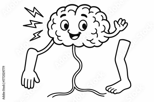 Colorful Brain Connections. Brain and nerves children?s coloring book illustration, outlined drawing, a happy cartoon brain sending signal waves to an arm and